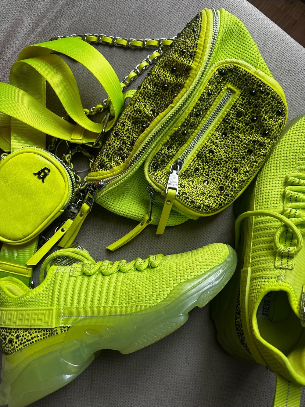 Steve Madden Neon Yellow Sneakers with Matching fanny pack Set